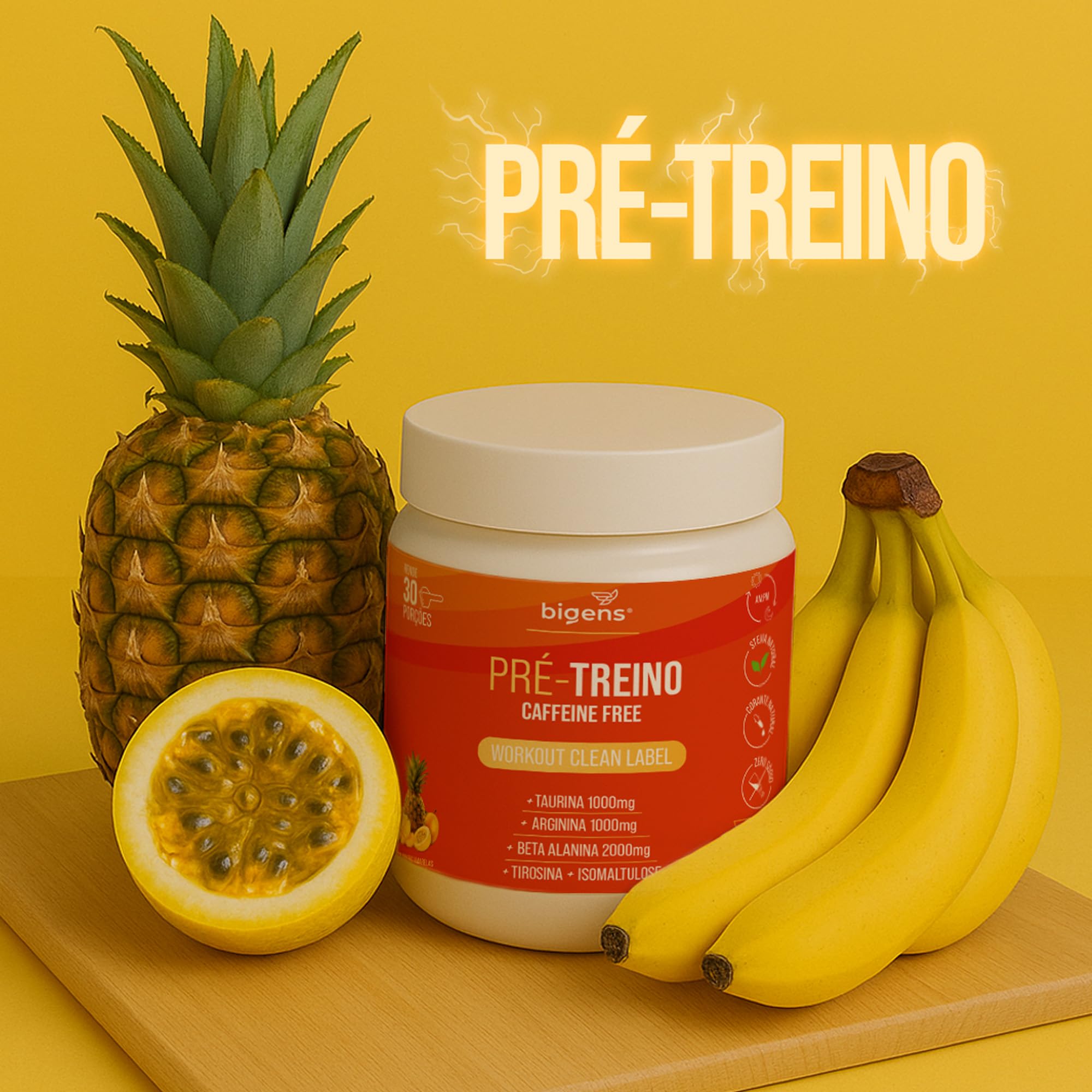 Pré Treino, Sem Cafeína, Sabor Frutas Amarelas, 300g, Bigens
